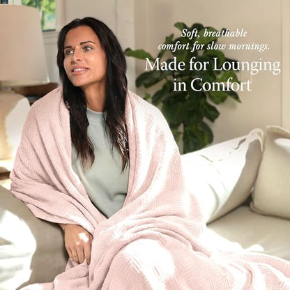 Threadmill Luxury 100% Cotton Twin Herringbone Blanket, English Rose - color: English Rose, size: Twin (68" x 92")