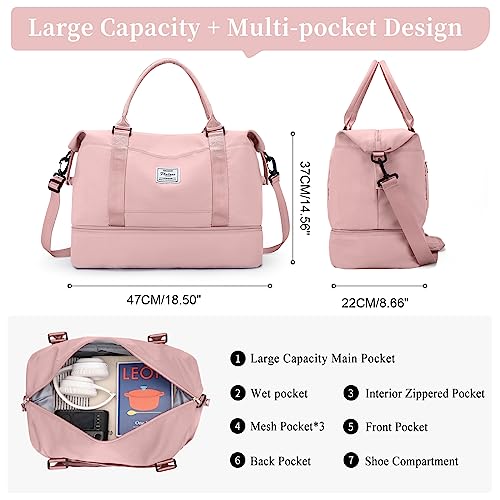 Weekender Bags for Women, Personal Item Travel Bag with Shoes Compartment - color: Pink, size: Large