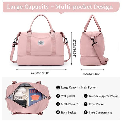 Weekender Bags for Women, Personal Item Travel Bag with Shoes Compartment - color: Pink, size: Large