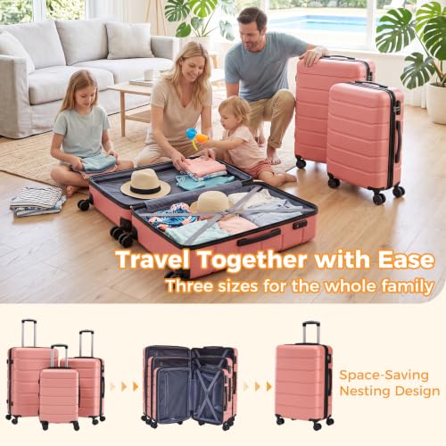 NEWBULIG 3 Piece Expandable Luggage Set, Hard Shell Suitcase, Pink - color: Pink, size: 3-PCS Set (20/24/28 Inch)