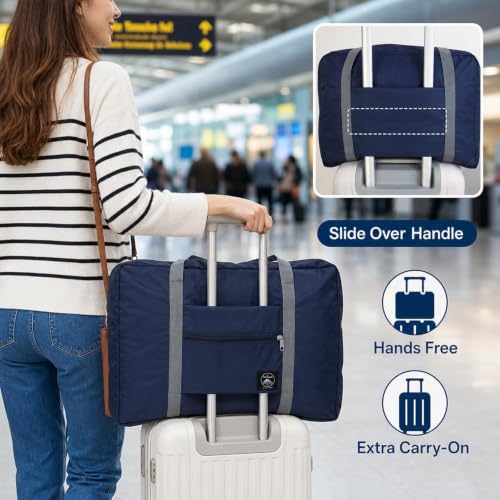 Foldable Travel Duffel Bag, Lightweight Carry On Tote with Handles and Zipper Pocket for Weekend Trips, Gym and Daily Use (Deep Blue) - color: Blue