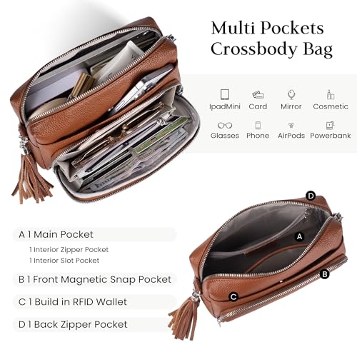 befen Genuine Leather Crossbody Bags for Women Leather Wallet Travel Purse - color: Cognac Brown