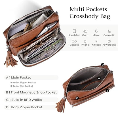 befen Genuine Leather Crossbody Bags for Women Leather Wallet Travel Purse - color: Cognac Brown