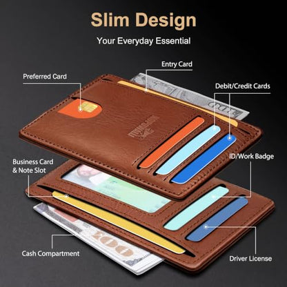 Genuine Leather Mens Wallet Slim RFID Blocking Credit Card Holder - color: VegTan BrickBrown