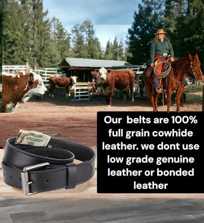 F&L CLASSIC Men’s Money Full Grain leather Belt, Hidden zipper Pocket, - color: Classic Black, size: 46 (Fits Waist 44"-45")