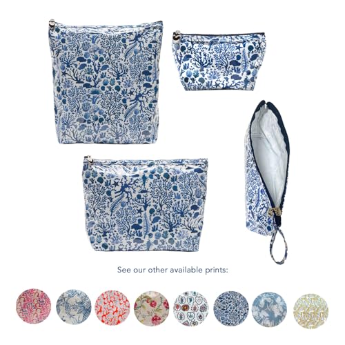 Jacaranda Living Vanity Cosmetic Bag – Train Case with Handle, Water-Resistant PVC Lined Cotton, Travel Organizer, Splash-Proof Summer Cosmetic Bag – Blue Seashells - color: Blue Seashells, size: Large Vanity/Train Case