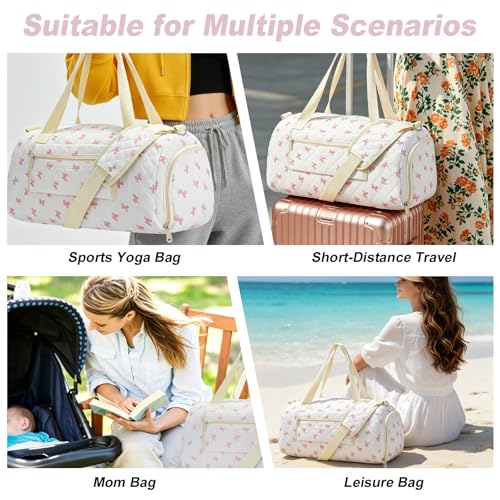 White Pink Bow Quilted Weekender Duffle Bag with Shoe Compartment - color: Barrel‑Small Dot Print