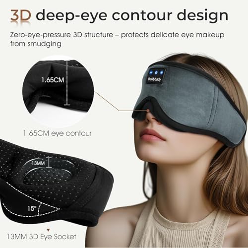 Sleep Mask with Bluetooth Headphone,100% Blackout, Zero Eye Pressure, Grey - color: Grey