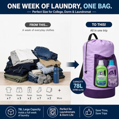 Backpack Laundry Bag, Durable polyster Laundry Backpack Bag with Shoulder Straps, Drawstring Closure & Mesh Pocket, Large Clothes Hamper for Dorm, Travel, Laundromat (Purple) - color: Purple