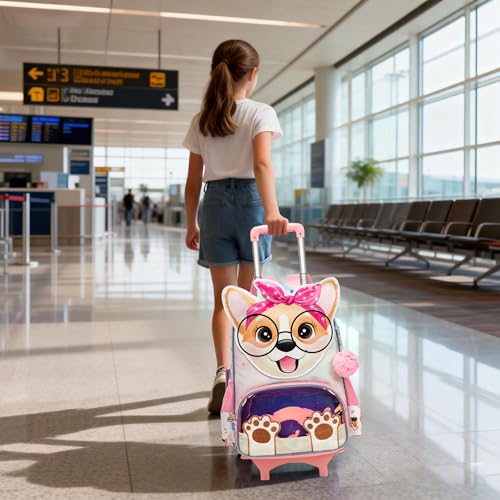 Meetbelify Girls Rolling Backpack with Wheels Kids Wheels Backpack for Girls Luggage with Lunch Box Pencil Case for Elementary Student - color: Dog