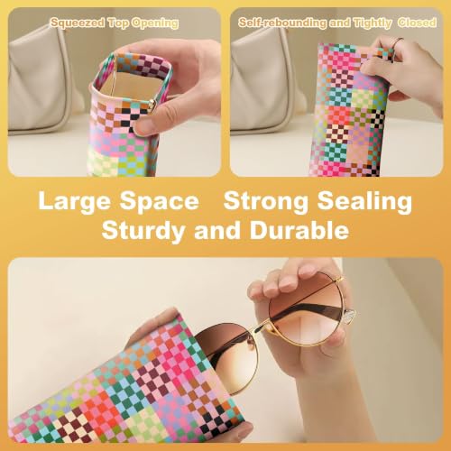 Soft Sunglasses Case for Women, PU Leather Squeeze Top Glasses Case - color: 8-colorful Checkered(2pcs)