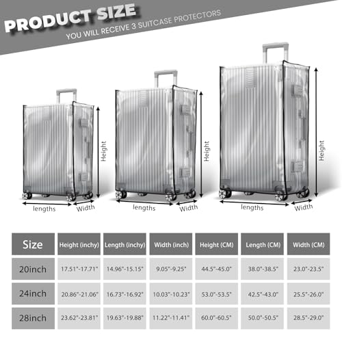 3 Pieces Clear PVC Suitcase Covers for Luggage, Waterproof Anti-scratch Luggage Cover Protector with Hook and Loop, Full Thicken Transparent Suitcase Protector for Traveling Fits 20" 24" 28" (3 PCS)