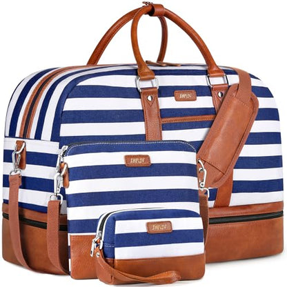 IBFUN Weekender Bags for Women, 3PCS Travel Set with Shoe Compartment 21.6 - color: A09-brown+blue & white stripes