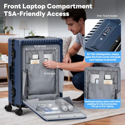 20 Inch Carry on Luggage with Front Pocket, Hard Shell Suitcase with Wheels - color: Blue