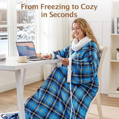 Wearable Heated Blanket with Foot Pocket &Sleeves, Electric Heated Robe - color: Blue Plaid, size: Long