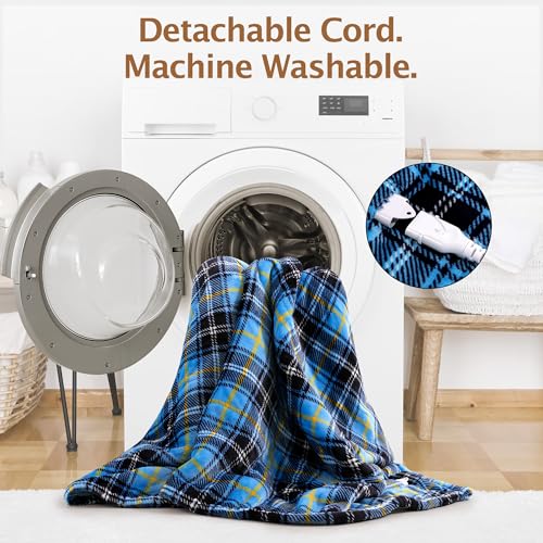 Wearable Heated Blanket with Foot Pocket &Sleeves, Electric Heated Robe - color: Blue Plaid, size: Long