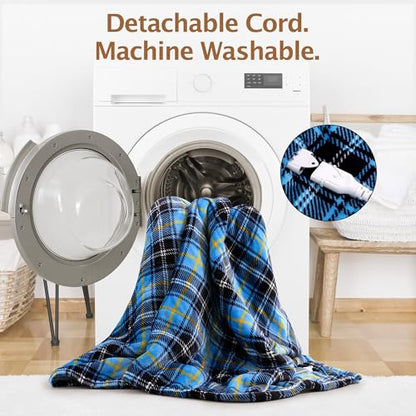 Wearable Heated Blanket with Foot Pocket &Sleeves, Electric Heated Robe - color: Blue Plaid, size: Long