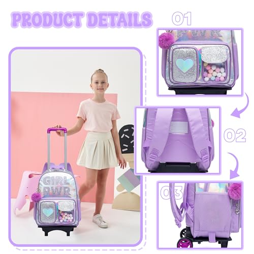 HTgroce Rolling Backpack with Wheel,School Backpack for Kids Girl Roller Schoolbag Wheeled Backpacks Set Carry-on Luggage,Purple - color: Purple Gpwr