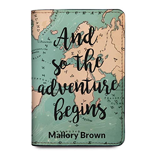 Personalized Passport Holder - Custom Vegan Leather RFID Passport Cover - color: And So The Adventure Begins (Map)