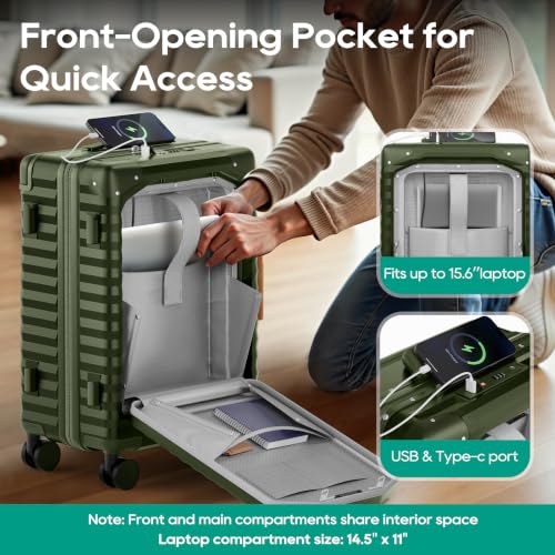 Joyway 20 Inch Carry on Luggage with Front Pocket and Cup Holder, Green - color: Green