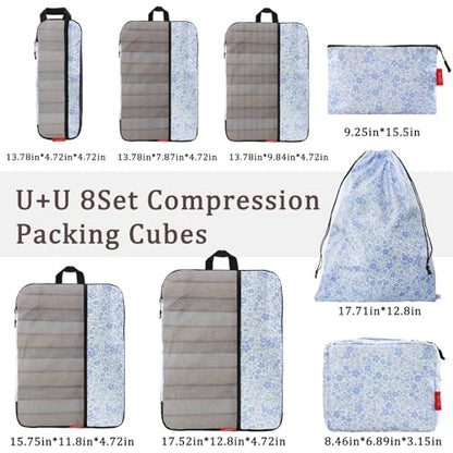 U+U 8 Set Compression Packing Cubes, Travel Organizers (Blue Flower) - color: Blue Flower, size: 8 Set