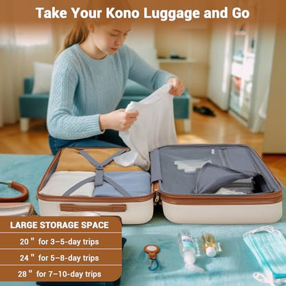 Kono Expandable 24 Inch Luggage with Spinner Wheels, Medium Checked Luggage with Lock, Lightweight & Anti-Scratch PC+ABS Hardshell Travel Suitcase, White/Brown - color: White/Brown, size: Checked-medium 24-inch