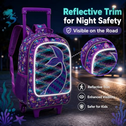 gxtvo Kids Rolling Backpack, Roller Wheels Boys Bookbag, Wheeled Suitcase Elementary School Bag-3PCS Dinosaur/Unicorn/Mermaid - color: Mermaid