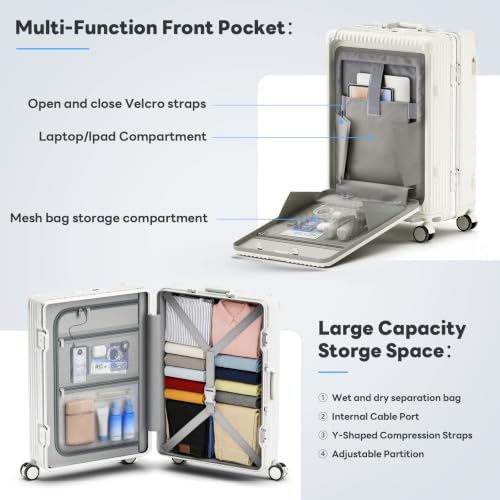 20 Inch Carry on Luggage with Front Pocket, Hard Shell Suitcase with Wheels - color: Off White