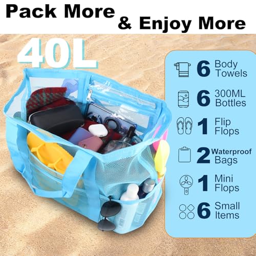 CaCTOUR Mesh Beach Bag,Large Beach Bags for Women with 8 Pockets,Packable Tote Bag for Beach Cruise Pool Vacation Essentials - color: Blue