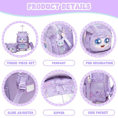 Girls Rolling Backpack for Kids with Wheels,Cute 3D Kids Rolling Backpack for School,Lightweight Kids Luggage for 6-8,Large Capacity BookBag with Wheels & Telescopic Handle - color: 3d Plush Cute Purple