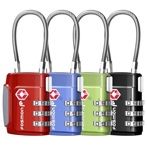 Fosmon TSA Approved Luggage Locks, Cable Suitcase Travel Lock, 3 Digit Long Shackle Combination Padlock, Wire Lock for Gym Locker, Backpack Anti Theft - style: 4 Pack - Multicolor