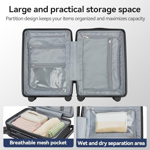 24 Inch Front Pocket Luggage Wide Handle Suitcase, Black - color: Black, size: 24''-B