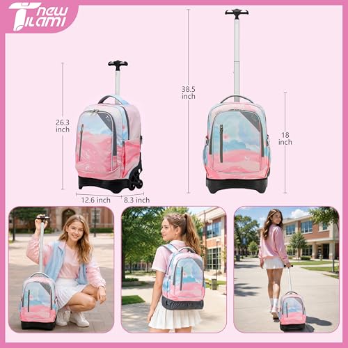 NEW TILAMI 18-Inch Rolling Backpack 6-Wheel for Kids School Travel - color: Pink Sunset