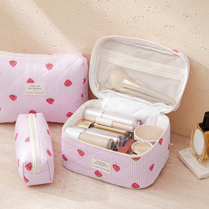 HBselect Quilted Makeup Bag, 3Pcs Cotton Large Travel Makeup Bags Organizer - color: A-3PCS-Floral 47