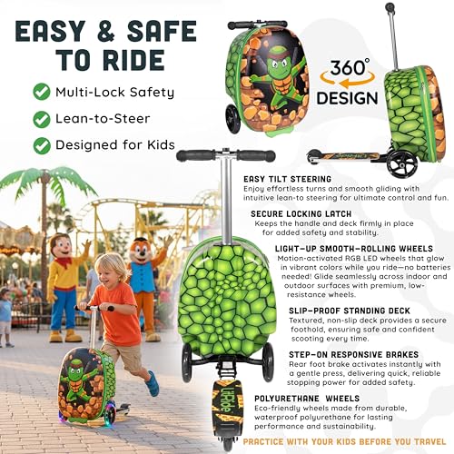 Kids Ride-On Suitcase Scooter, Carry-On Luggage, Ages 4+ - style: Turtle Ninja