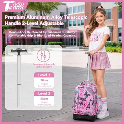 NEW TILAMI 18-Inch Rolling Backpack 6-Wheel for Kids School Travel - color: Pink Paris Cute
