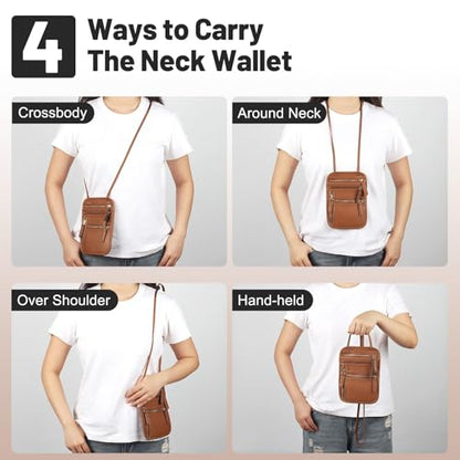 Neck Wallet for Traveling Women Men, RFID Blocking Leather Travel Pouch - color: Brown