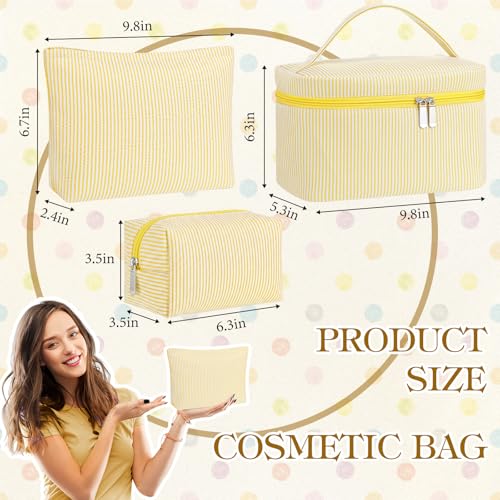 Huhumy 3Pieces Cute Seersucker Makeup Bag Set for Women, Yellow, Stripe - color: Yellow, style: Stripe