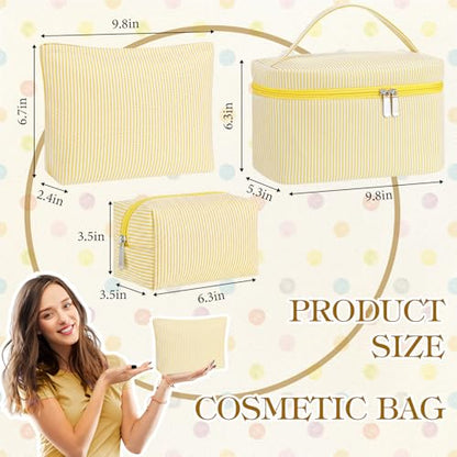Huhumy 3Pieces Cute Seersucker Makeup Bag Set for Women, Yellow, Stripe - color: Yellow, style: Stripe