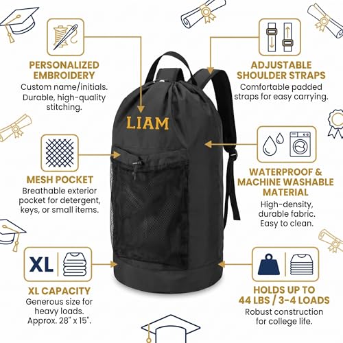 Personalized Laundry Bag Heavy Duty Custom Graduation University XL Bag Backpack with Hanging Shoulder Strap & Mesh Pocket - Back to School College Graduation Gift - Choose Your Font & Thread Color - color: Black