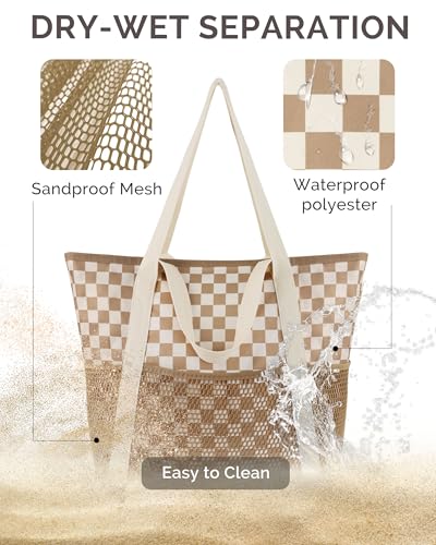 HOMESPON Beach Bag Large Waterproof Sandproof Tote for Women with Zipper and Mesh Pockets - color: Khaki Grid, size: Medium