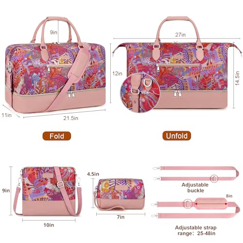 ITIEZY Weekender Bag for Women 21.5" Travel Duffel Large Carry On Bag 3PCS - color: 8a-Pink