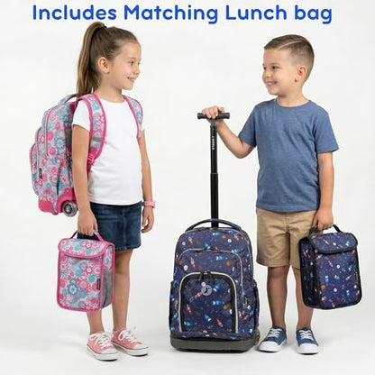 J World Lollipop Kids Rolling Backpack & Lunch Bag Set for Elementary School. Carry-On Suitcase with Wheels, Poppy Pansy - color: Poppy Pansy