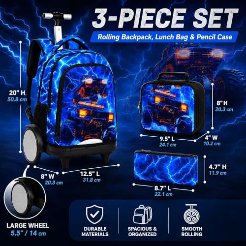 20 Inches Large Wheels Rolling Backpack for Boys with Detachable, 3Pcs Kids Lightning Truck Wheeled Backpack Set for Elementary School (Blue) - color: Lightning Dual-cab Truck (Large Wheels)