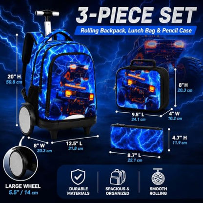 20 Inches Large Wheels Rolling Backpack for Boys with Detachable, 3Pcs Kids Lightning Truck Wheeled Backpack Set for Elementary School (Blue) - color: Lightning Dual-cab Truck (Large Wheels)