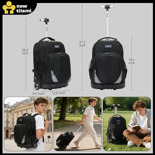 NEW TILAMI 18 Inch Rolling Backpack with Lunch Bag for Girls Boys School - color: Black