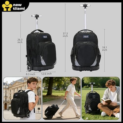 NEW TILAMI 18 Inch Rolling Backpack with Lunch Bag for Girls Boys School - color: Black