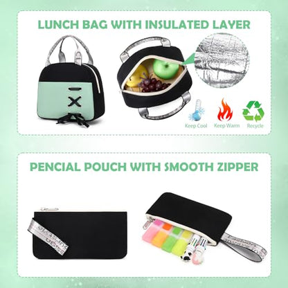 ACESAK 3PCS Teen Girls Backpack with Lunch Bag Set&USB Charging Port,Green - color: Black With Pea Green Accent