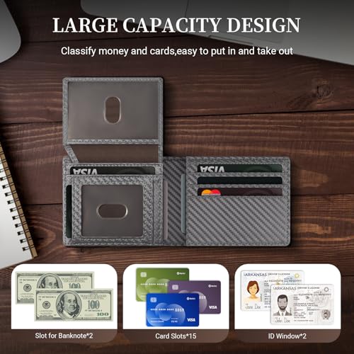 GNDR Wallet For Men RFID Blocking Leather Grey Wallets Bifold Carbon Fiber Front Pocket Card Holder Mens Accessories With Gift Box - color: Grey Carbon Fiber-09