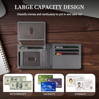 GNDR Wallet For Men RFID Blocking Leather Grey Wallets Bifold Carbon Fiber Front Pocket Card Holder Mens Accessories With Gift Box - color: Grey Carbon Fiber-09